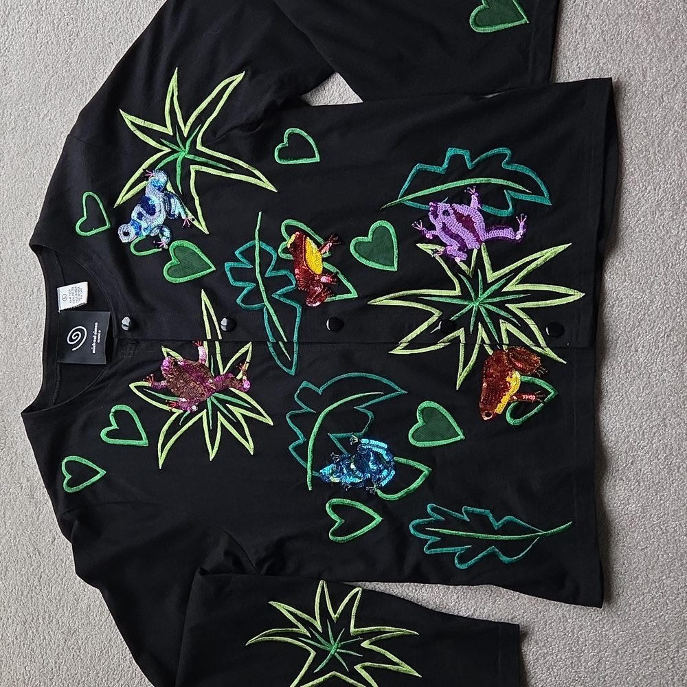 Vintage MICHAEL SIMON Sweater LARGE Black Cotton Embroidered Sequin Beaded Frogs